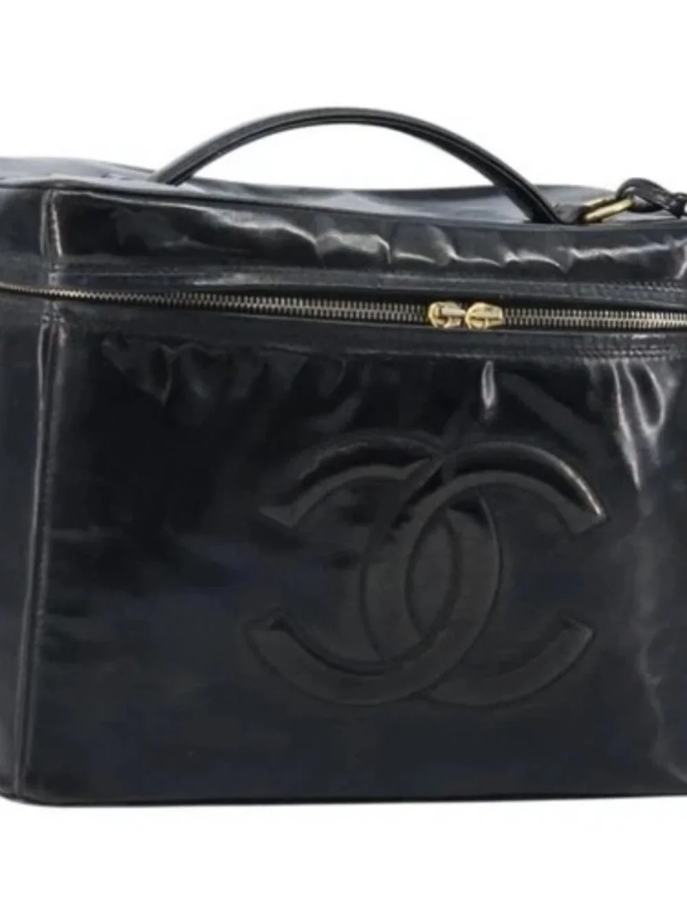 CHANEL Vanity Pouch Patent leather Black Gold CC Auth bs33674